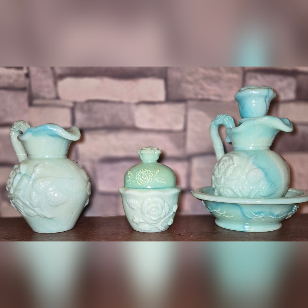 Vintage Avon Jadeite "Moonwind" Vanity Collection[ Complete Set ]
